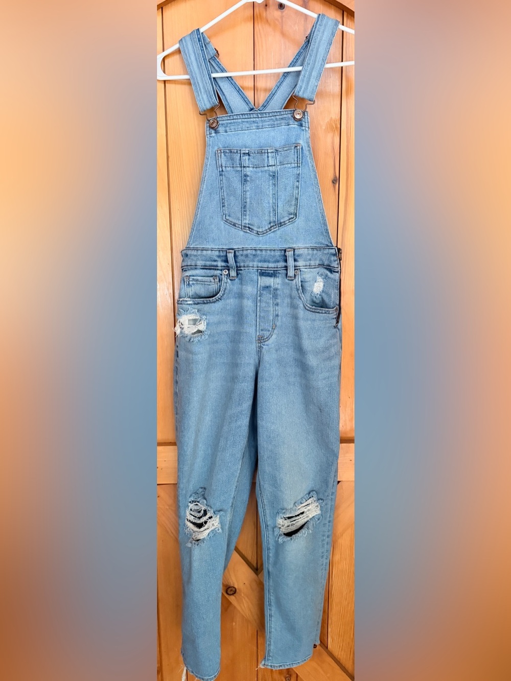 American Eagle Outfitters Light Blue Distressed Relaxed Moms Denim Overalls